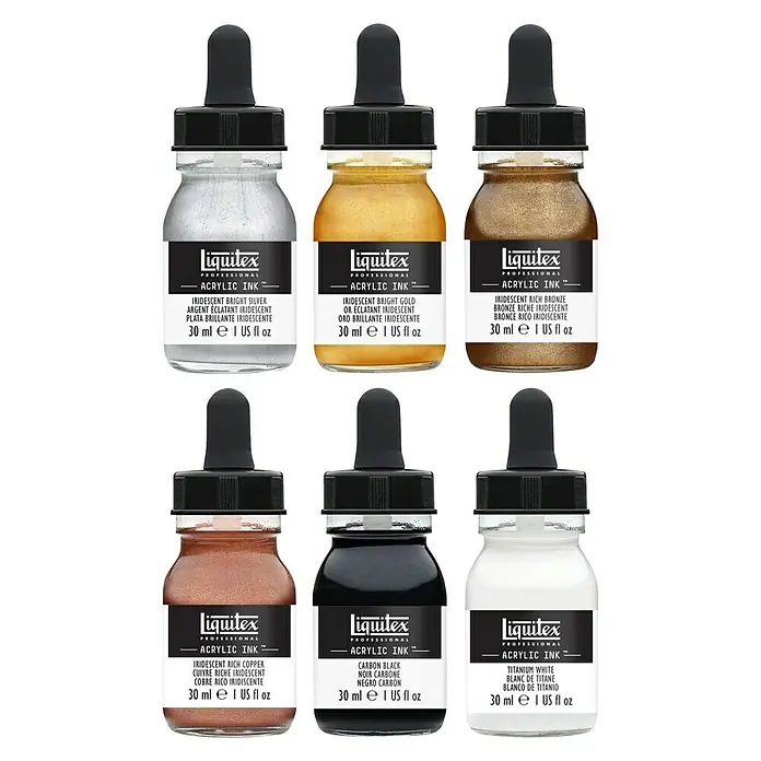 Liquitex Professional Zeichentinten-Set Metallic - Farbig sortiert, 6 Stk. x 30 ml, Flasche - Vorderansicht