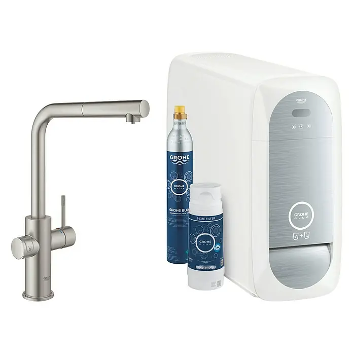 Grohe Standventil Blue Home - L-Auslauf, CO2-Messung, Supersteel - Diagonale Ansicht