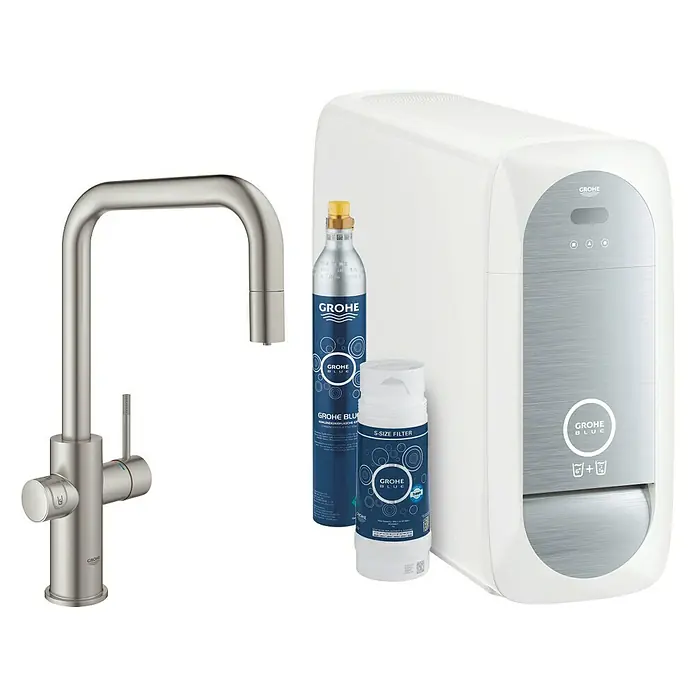 Grohe Standventil Blue Home - U-Auslauf, CO2-Messung, Supersteel - Diagonale Ansicht