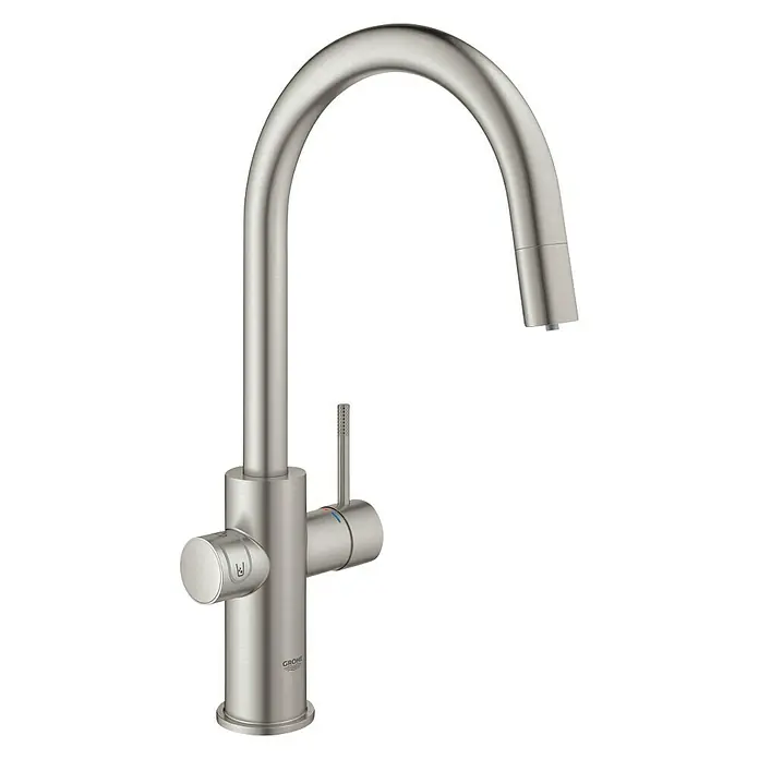Grohe Spültischarmatur Blue Home - C-Auslauf, CO2-Messung, Supersteel, Auslauf herausziehbar - Diagonale Ansicht