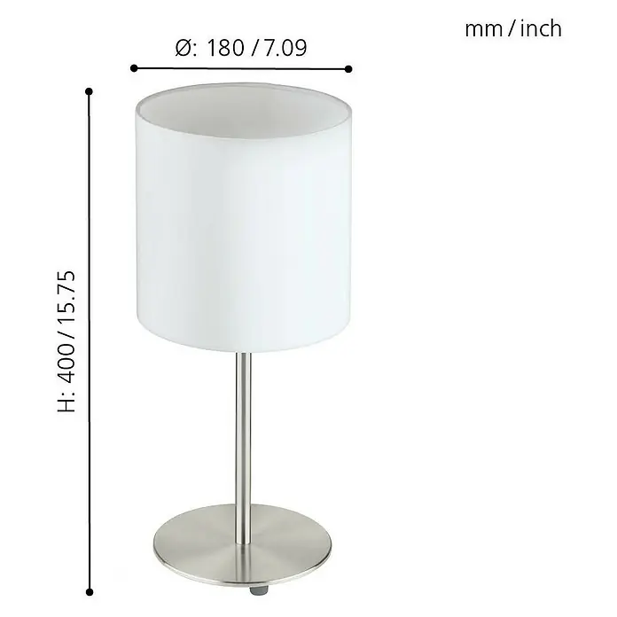 Eglo Pasteri Tischleuchte rund - 60 W, Ø x H: 180 mm x 40 cm, Nickel matt, Weiß, E27 - Skizze