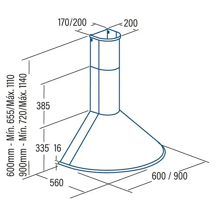 Cata Campana de pared Q 600 BK - Ancho: 60 cm, Potencia de aire máx.: 645 m³/h, Negro - Dibujo técnico