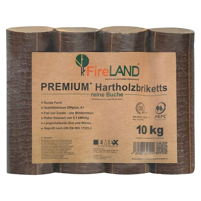 Fireland Hartholzbriketts Premium - 10 kg, Buche - Vorderansicht