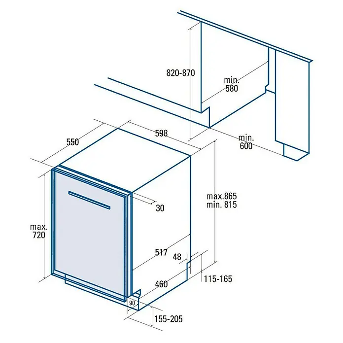 Cata Lavavajillas integrable LVI 61014 - Apto para: 14 cubiertos, 55 x 59,8 x 81,5 cm - Dibujo técnico