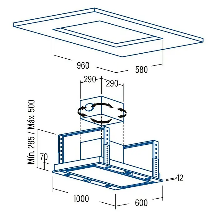 Cata Campana para isla Sirin 1000 - Ancho: 100 cm, Potencia de aire máx.: 850 m³/h, Blanco - Dibujo técnico