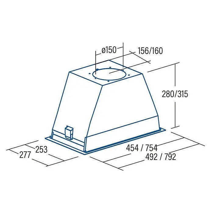 Cata Campana integrable GL 75 X - Ancho: 79,2 cm, Potencia de aire máx.: 820 m³/h en modo intensivo, Acero inoxidable - Dibujo técnico