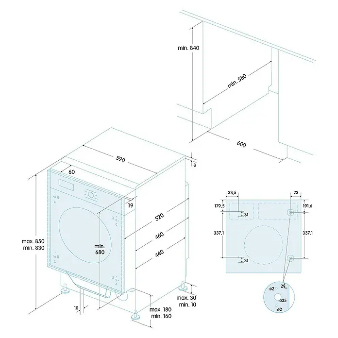 Edesa Lavadora EWF-1480-I - 8 kg, Número de programas de lavado: 16 ud. - Dibujo técnico