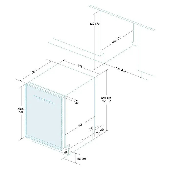 Edesa Lavavajillas integrable EDB-4610-I - Apto para: 10 cubiertos, 55 x 44,8 x 86,5 cm - Dibujo técnico
