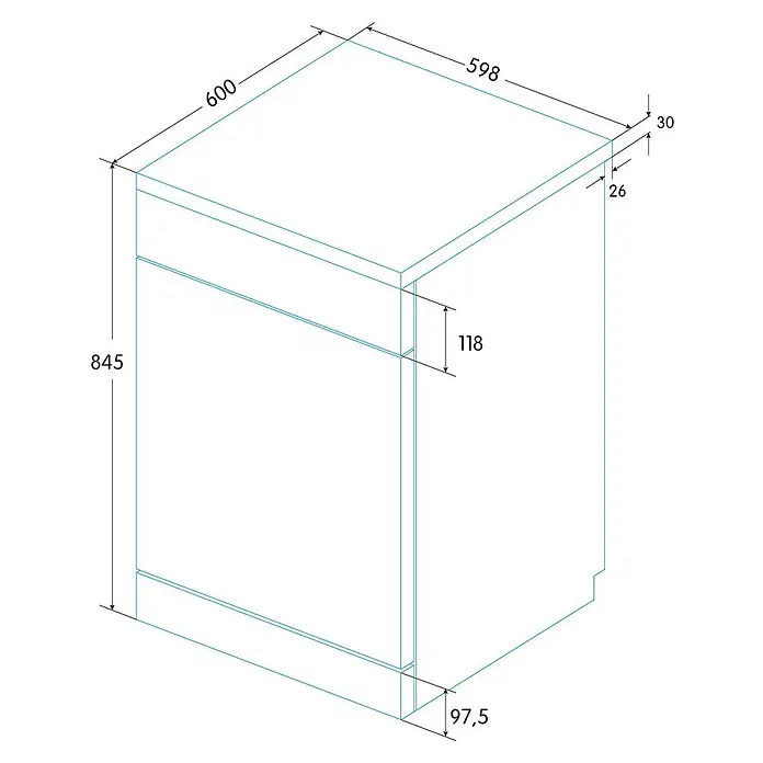 Edesa Lavavajillas EDW-6130 X - Apto para: 13 cubiertos, Consumo de agua: 11 l por ciclo de lavado, L x An x Al: 59,8 x 60 x 84,5 cm - Dibujo técnico