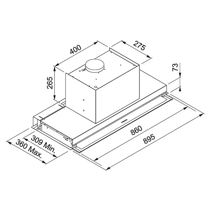 Mepamsa Campana integrable Sahara - Ancho: 90 cm, Potencia de aire máx.: 430 m³/h, Acero inoxidable - Dibujo técnico