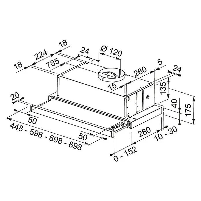 Mepamsa Campana integrable Superline - Ancho: 45 cm, Potencia de aire máx.: 400 m³/h, Acero inoxidable - Dibujo técnico