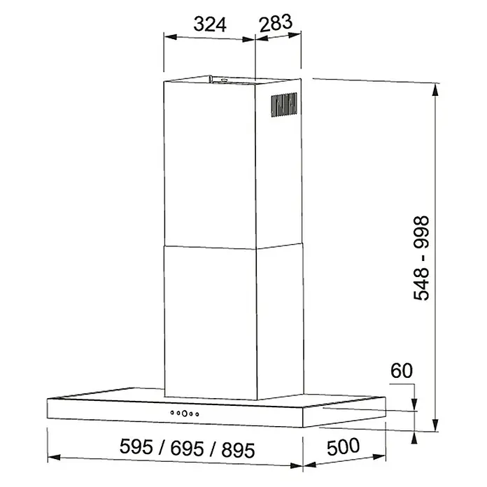Mepamsa Campana decorativa Silueta XLA - Ancho: 90 cm, Potencia de aire máx.: 590 m³/h, Blanco - Dibujo técnico
