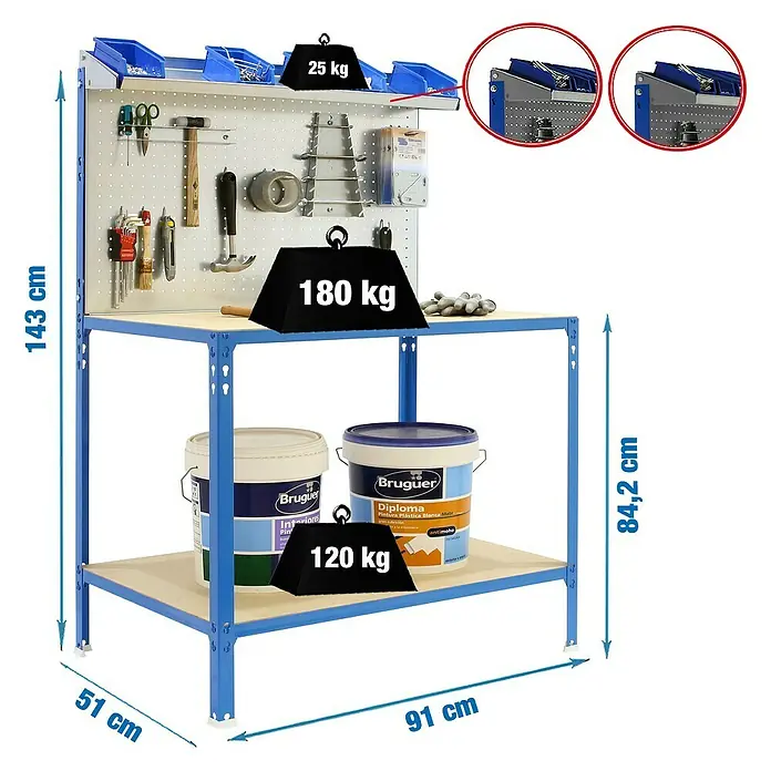 Simonrack Simonwork Banco de trabajo BT3-900 Ecowork - L x An x Al: 51 x 91 x 143 cm, Azul, Carga soportada: 325 kg - Dibujo técnico