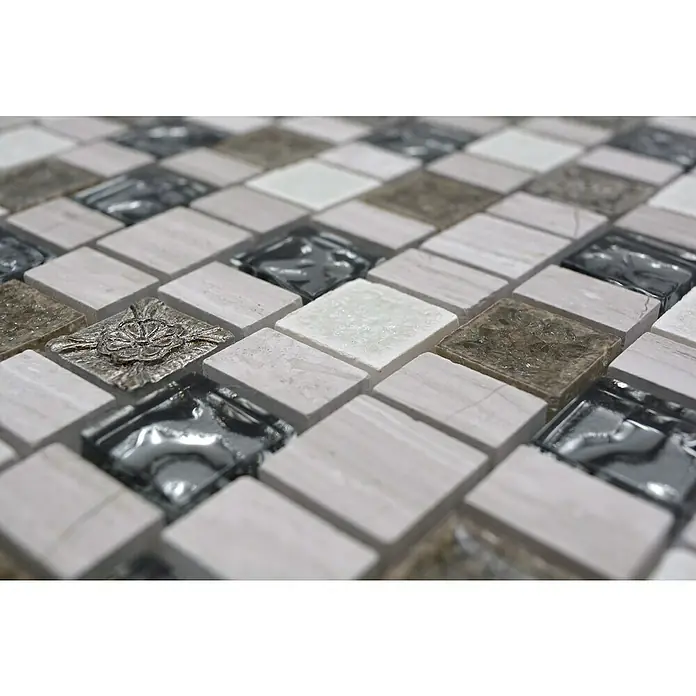 Mozaïektegel glas Mix XNM DF1 - 29,8 x 30,4 cm, Grijs/Wit, Glanzend - Close-up
