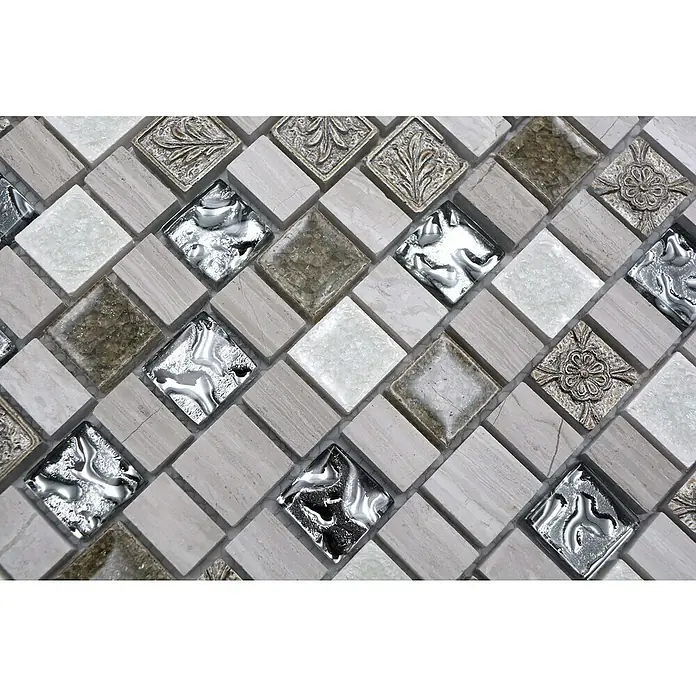 Mozaïektegel glas Mix XNM DF1 - 29,8 x 30,4 cm, Grijs/Wit, Glanzend - Close-up