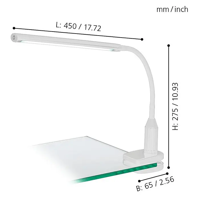 Eglo LED-Klemmleuchte Laroa - 4,5 W, Weiß, L x B x H: 45 x 6,5 x 27,5 cm - Skizze