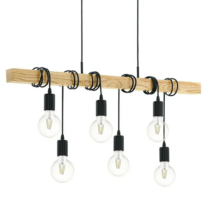 Eglo Townshend Pendelleuchte - B x H: 10 x 110 cm, Schwarz/Braun - Eine moderne Hängelampe mit sechs Edison-Glühbirnen, die an einem hellen Holzstamm befestigt sind.