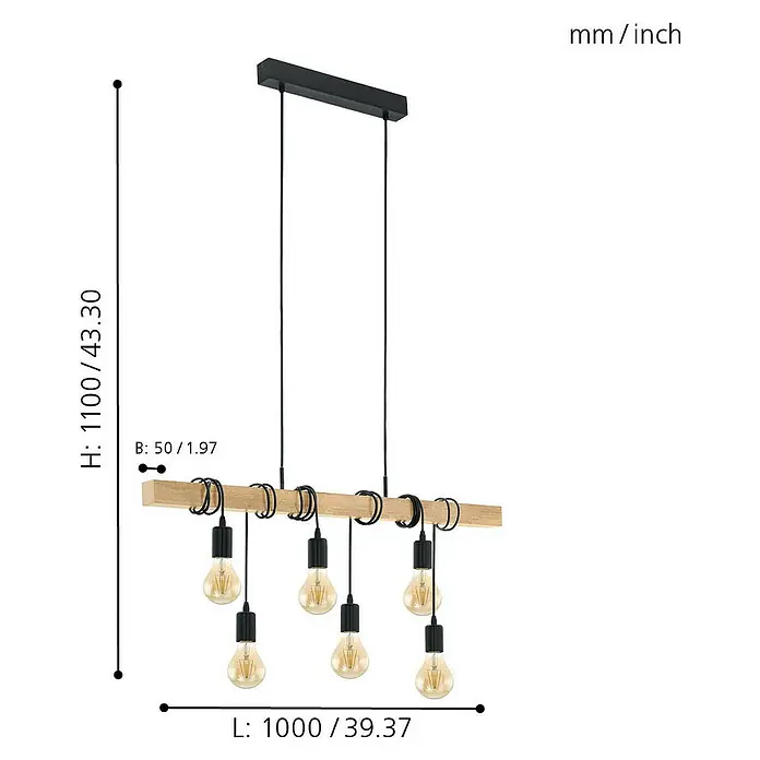 Eglo Townshend Pendelleuchte - B x H: 10 x 110 cm, Schwarz/Braun - Skizze
