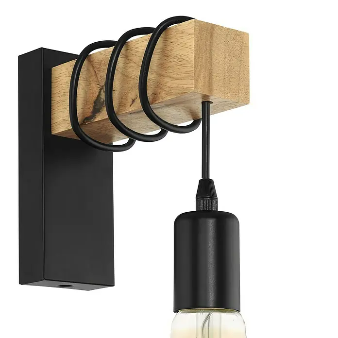 Eglo Townshend Wandleuchte - 10 W, L x B x H: 19 x 6,5 x 21,5 cm, E27 - Wandleuchte mit einem Holzbalken, umwickelt mit schwarzen, gebogenen Metalldetails. Die Lampe hat ein modernes, industrielles Design.