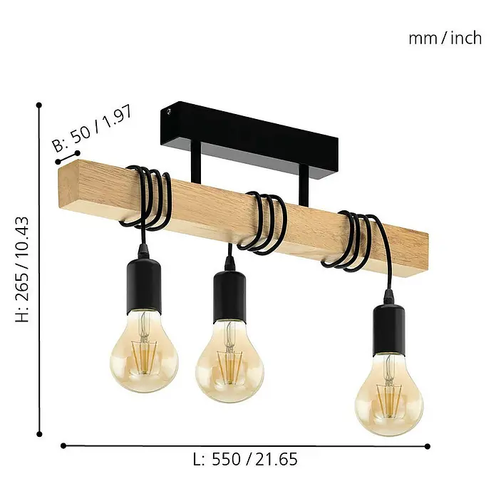 Eglo Townshend Deckenleuchte - 180 W, L x B x H: 55 x 10,5 x 26,5 cm, 3 Stk., E27 - Skizze