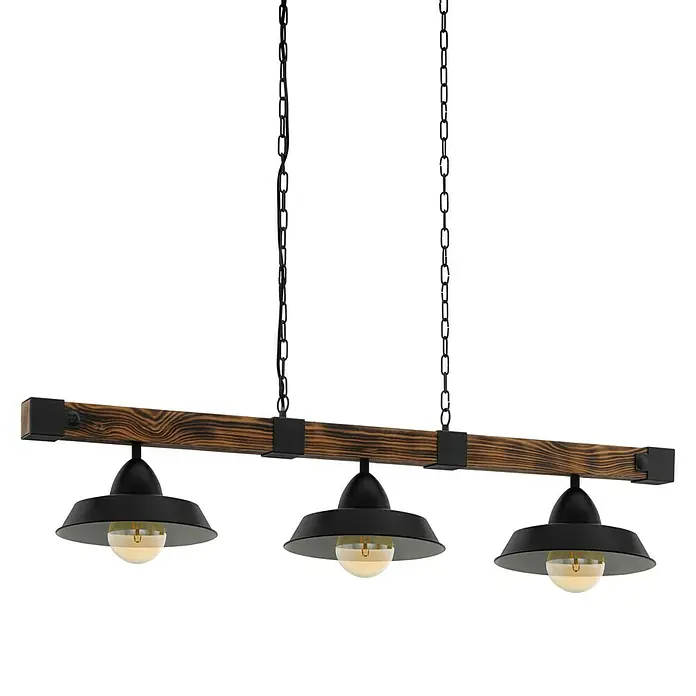 Eglo Pendelleuchte Oldbury - L x B x H: 118 x 26 x 110 cm, 180 W, Anzahl Leuchtmittel: 3 Stk. - Rustikale Hängelampe mit drei schwarzen Lampenschirmen, aufgehängt an einer Holzbalkenstruktur mit Ketten.