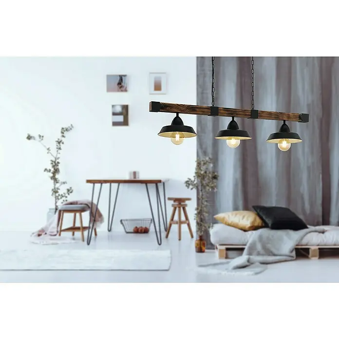 Eglo Pendelleuchte Oldbury - L x B x H: 118 x 26 x 110 cm, 180 W, Anzahl Leuchtmittel: 3 Stk. - Diese rustikale Hängelampe mit drei Leuchten ist aus Holz gefertigt und sorgt für eine warme und einladende Atmosphäre.