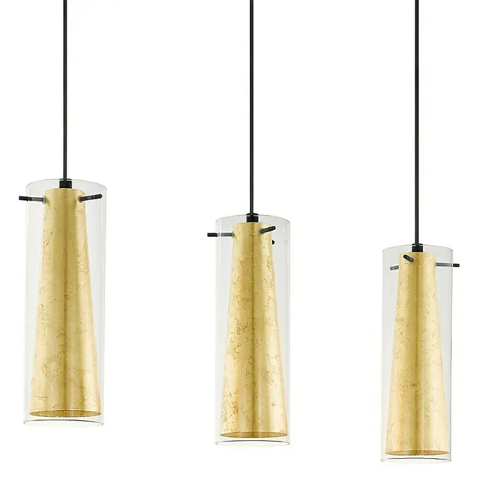 Eglo Pinto Gold Pendelleuchte - Höhe: 110 cm, Max. Systemleistung: 180 W - Elegante Pendelleuchte mit drei goldenen, konischen Lampenschirmen in klaren Glaszylindern. Stilvolle Beleuchtung für jeden Raum.