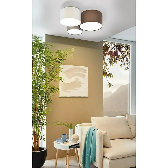 Eglo Deckenleuchte Pastore - 180 W, L x B x H: 61 x 49,5 x 25,5 cm, E27 - Moderne Deckenleuchte mit drei Lampenschirmen in Weiß und Braun, die ein warmes Licht im Raum verbreitet. Ideal für Wohn- und Schlafzimmer.