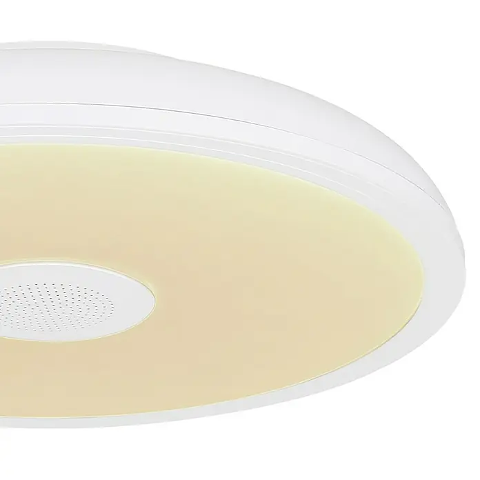 Globo Plafón LED redondo Raffy - 18 W, Ø x Al: 280 x 55 mm, RGBW - Primer plano de una lámpara de techo LED redonda y blanca con altavoz integrado, que emite una luz cálida y acogedora.