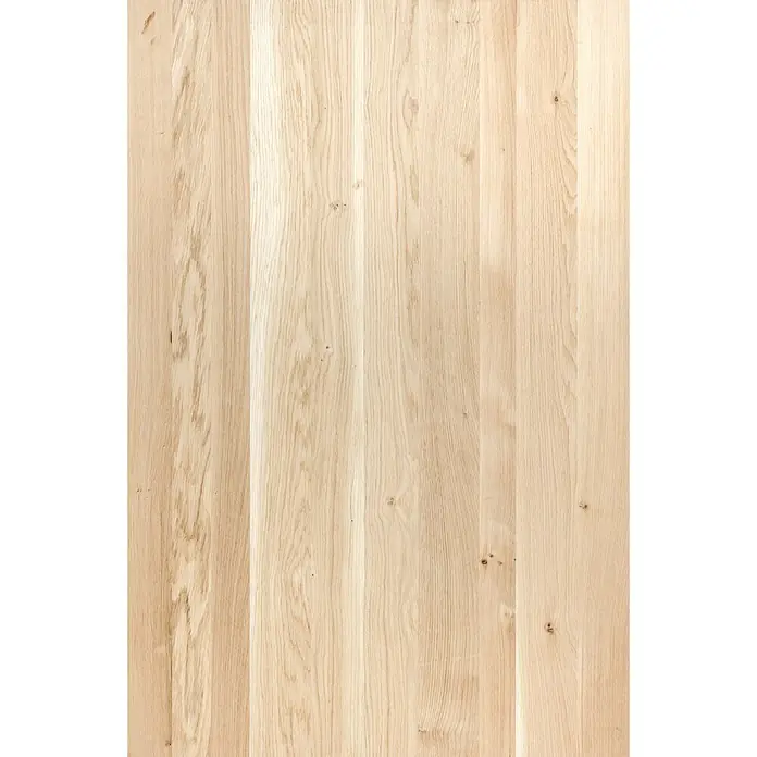 Tischplatte - Eiche, 120 x 80 x 2,6 cm - Nahaufnahme einer hellen Holzplatte mit feiner Maserung, ideal für Möbel oder Bodenbeläge. Die Textur ist natürlich und warm.