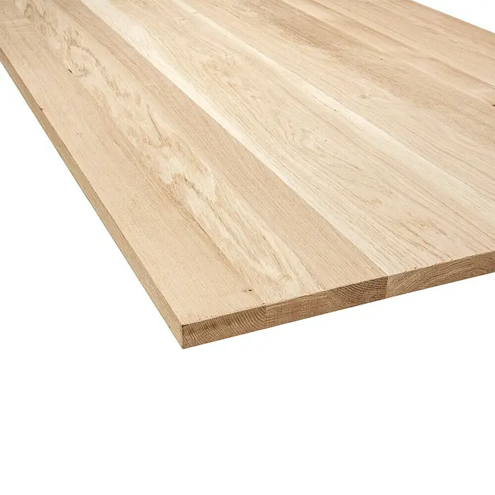 Tischplatte - Eiche, 120 x 80 x 2,6 cm - Nahaufnahme einer hellen Holzplatte mit sichtbarer Maserung und Textur, ideal für Arbeitsplatten oder Möbel.