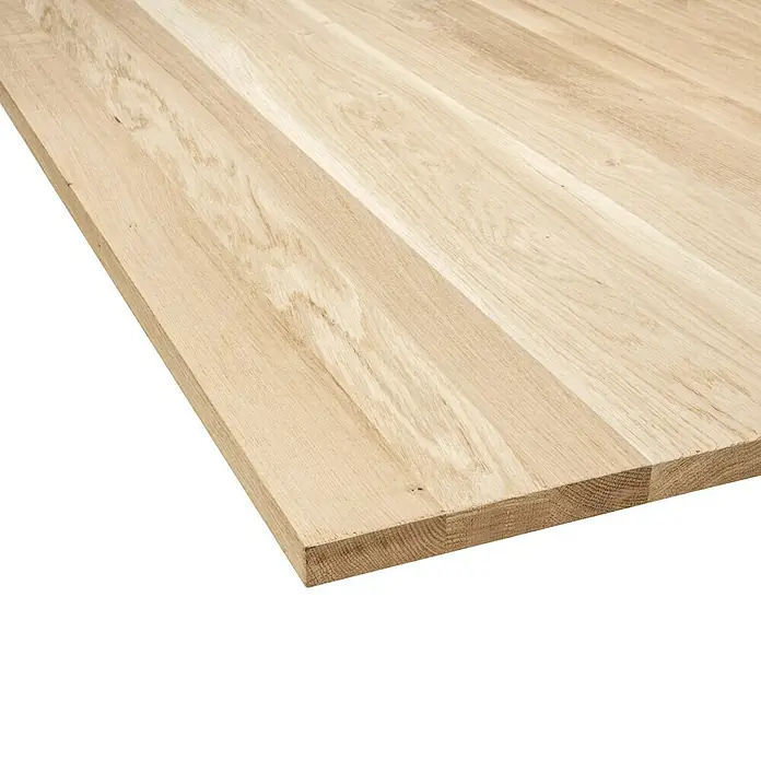 Tischplatte - Eiche, 80 x 80 x 2,6 cm - Nahaufnahme einer hellen, unbehandelten Holzplatte, die die natürliche Maserung und Textur des Holzes hervorhebt. Ideal für Möbelbau und Heimwerkerprojekte.