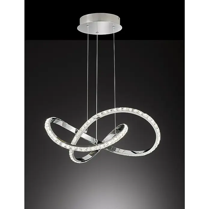 WOFI LED-Pendelleuchte Prisma - Höhe: 120 cm - Elegante LED-Hängeleuchte mit verschlungenen Chromringen, besetzt mit funkelnden Kristallen, die ein modernes und luxuriöses Ambiente schafft.