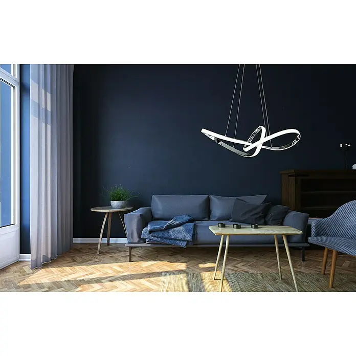 WOFI LED-Pendelleuchte Missoni - Höhe: 150 cm - Ein modernes Wohnzimmer mit einer auffälligen, geschwungenen LED-Pendelleuchte über einem grauen Sofa. Die elegante Lampe setzt einen stilvollen Akzent.