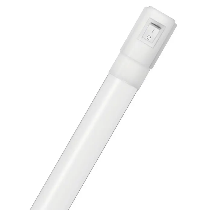 Ledvance LED-Unterbauleuchte TubeKIT - 21,5 W, Länge: 1.500 mm, Warmweiß - Nahaufnahme einer LED-Leuchtstoffröhre mit Schalter. Die Lampe ist weiß und hat ein modernes Design. Perfekt für energiesparende Beleuchtung.