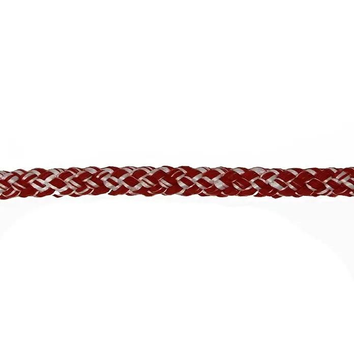 Seilflechter Cabo a metros Tornado - Diámetro: 8 mm, Rojo, Novoleen - Primer plano de una cuerda trenzada roja y plateada. Ideal para uso náutico, ofreciendo fuerza y atractivo visual, duradera.