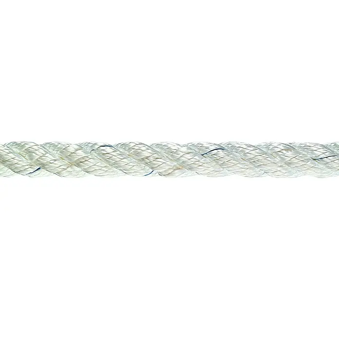 Seilflechter Cabo a metros Birolen tauwerk - Diámetro: 10 mm, Blanco, Poliéster - Primer plano de una cuerda blanca trenzada que cruza horizontalmente la imagen, mostrando su textura y estructura.