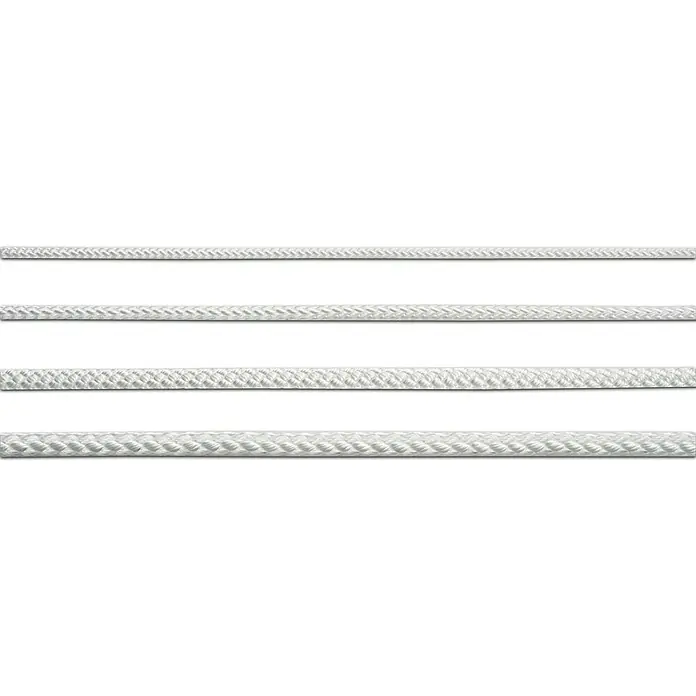 Seilflechter Cabo a metros Birolen - Diámetro: 4 mm, Blanco, Poliéster - Representación de cuatro cuerdas blancas de diferentes grosores, colocadas lado a lado destacando su textura trenzada.