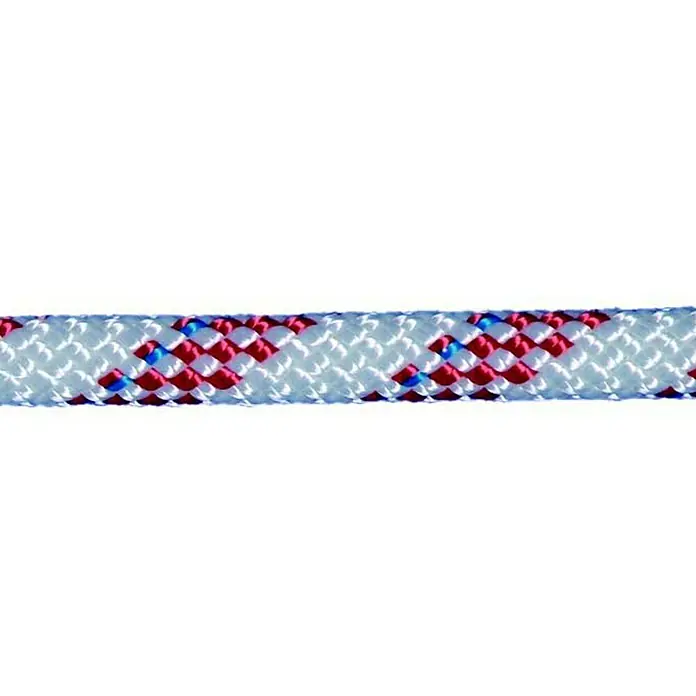 Seilflechter Cabo a metros Super 32 - Diámetro: 8 mm, Blanco/Rojo, Novoleen - Primer plano de una cuerda de escalada dinámica, que muestra un patrón de blanco, rojo y azul, lo que garantiza la seguridad.
