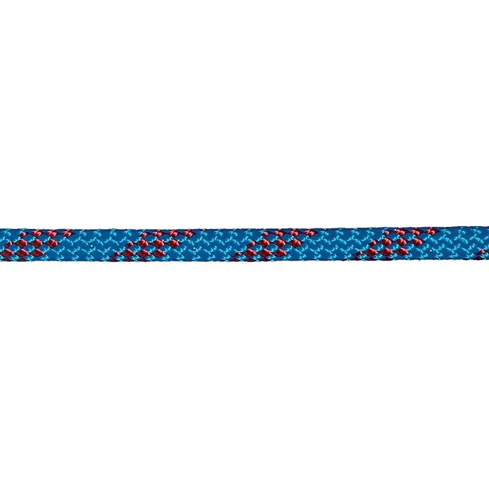 Seilflechter Cabo a metros Super 32 - Diámetro: 4 mm, Azul/Rojo, Novoleen - Primer plano de una cuerda de escalada azul y roja con un patrón de trenzado complejo, que promete durabilidad y calidad para aventuras de montaña seguras.