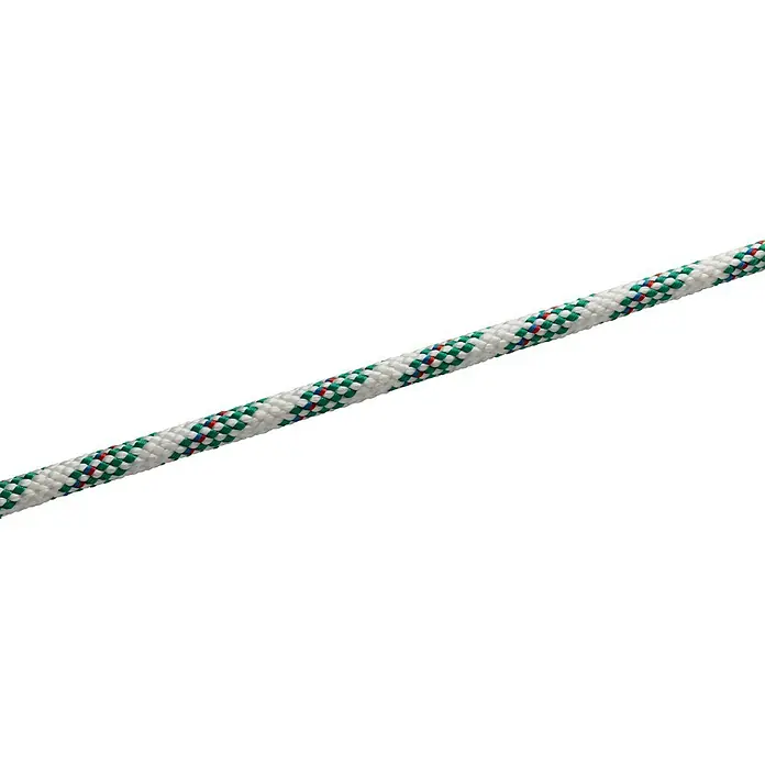 Seilflechter Cabo a metros Atlantik plus - Diámetro: 8 mm, Blanco/Verde, Poliéster - Primer plano de una cuerda con un patrón blanco, verde y rojo. Ideal para conexiones seguras y aplicaciones versátiles en el uso diario.