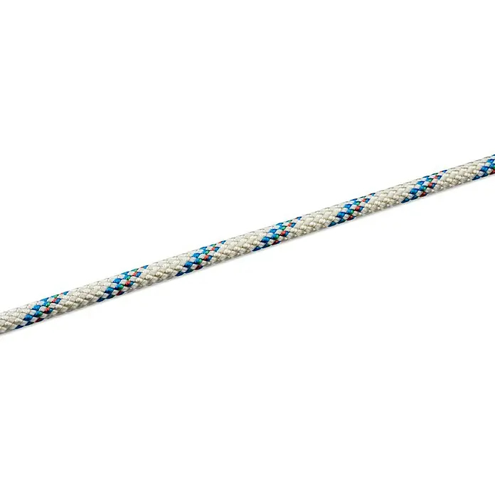 Seilflechter Cabo a metros Atlantik plus - Diámetro: 10 mm, Blanco/Azul marino, Poliéster - Primer plano de una cuerda de escalada con funda blanca y detalles de colores, ideal para aventuras de montaña seguras.