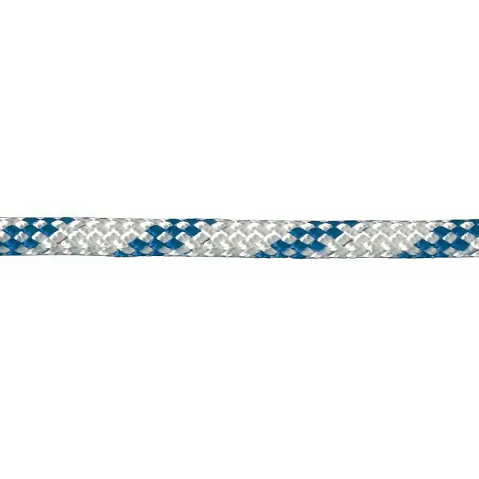 Seilflechter Cabo a metros Atlantik compakt - Diámetro: 5 mm, Blanco/Azul marino, Poliéster - Primer plano de una cuerda trenzada azul y blanca duradera, perfecta para diversas aplicaciones al aire libre o para fines marítimos.