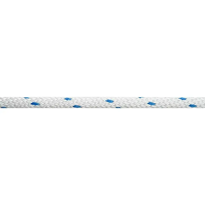 Seilflechter Cabo a metros Spiral birotex - Diámetro: 12 mm, Blanco, Polipropileno - Primer plano de una cuerda blanca robusta con detalles azules, perfecta para diversas aplicaciones náuticas y al aire libre.