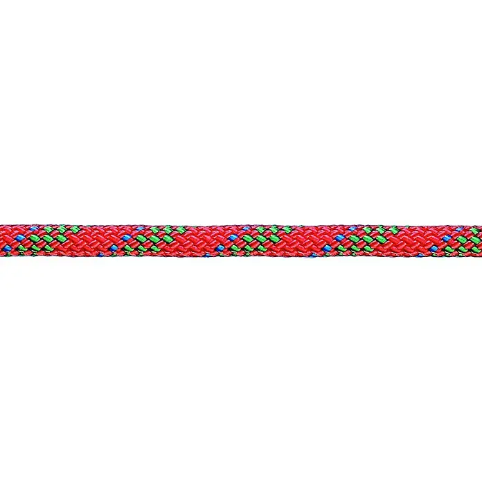 Seilflechter Cabo a metros Super 32 - Diámetro: 5 mm, Rojo/verde, Novoleen - Primer plano de una cuerda de escalada roja con detalles azules y verdes, ideal para aventuras al aire libre y escalada segura.