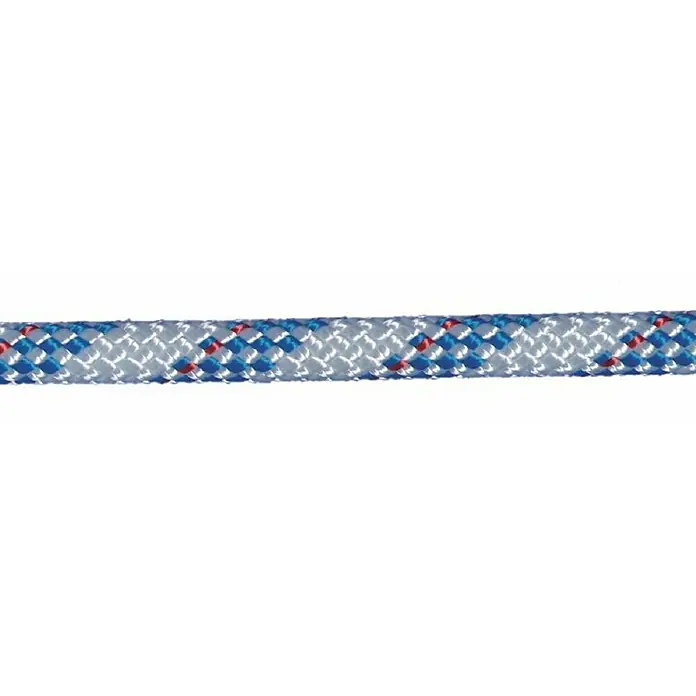 Seilflechter Cabo a metros Super 32 - Diámetro: 3 mm, Blanco/Azul marino, Novoleen - Primer plano de una cuerda trenzada resistente con un patrón de gris, azul y rojo, ideal para actividades al aire libre y vela.