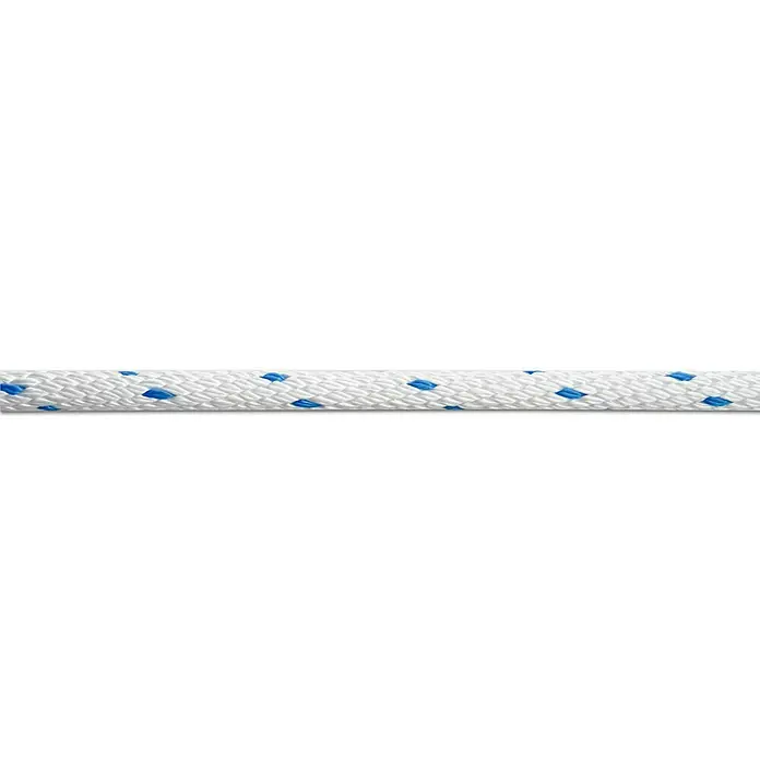 Seilflechter Cabo a metros Spiral birotex - Diámetro: 16 mm, Blanco, Polipropileno - Un primer plano de una cuerda con un diseño trenzado blanco y detalles azules. La cuerda parece duradera y apta para varias aplicaciones.