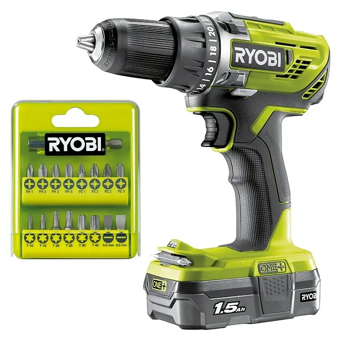 Ryobi Accuschroefboormachine R18DD3 inclusief bits - 18 V, 1 accu, 1,5 Ah, Onbelast toerental: 0 tpm - 1.800 tpm - Diagonaal zicht