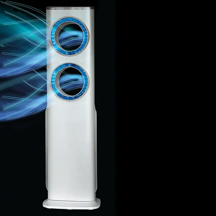 Proklima Turmventilator Buco - Silber, Höhe: 100,6 cm, 120 W - Ein schlanker, weißer Turmventilator mit blauen Akzenten an den Luftauslässen sorgt für eine angenehme Kühlung.