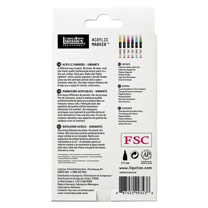 Liquitex Professional Set markers - 6 st., Levendige kleuren, 2 mm, Rechthoekige punt - Achteraanzicht